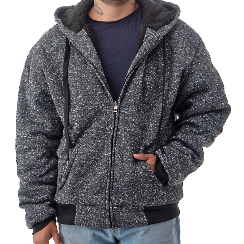 A man wearing a heather grey sherpa-lined zip hoodie